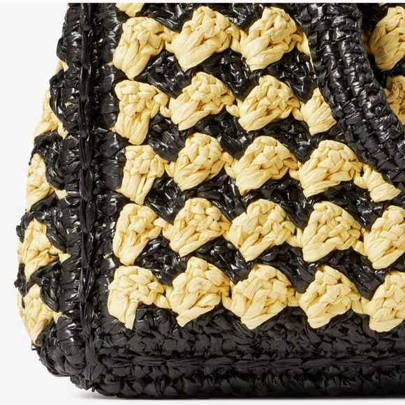 Kate Spade New York High Tide Striped Crochet Raffia Medium Tote Black and Light - Picture 4 of 6